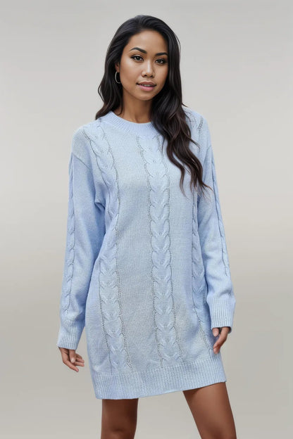 Cable-Knit Round Neck Sweater Dress Light Blue