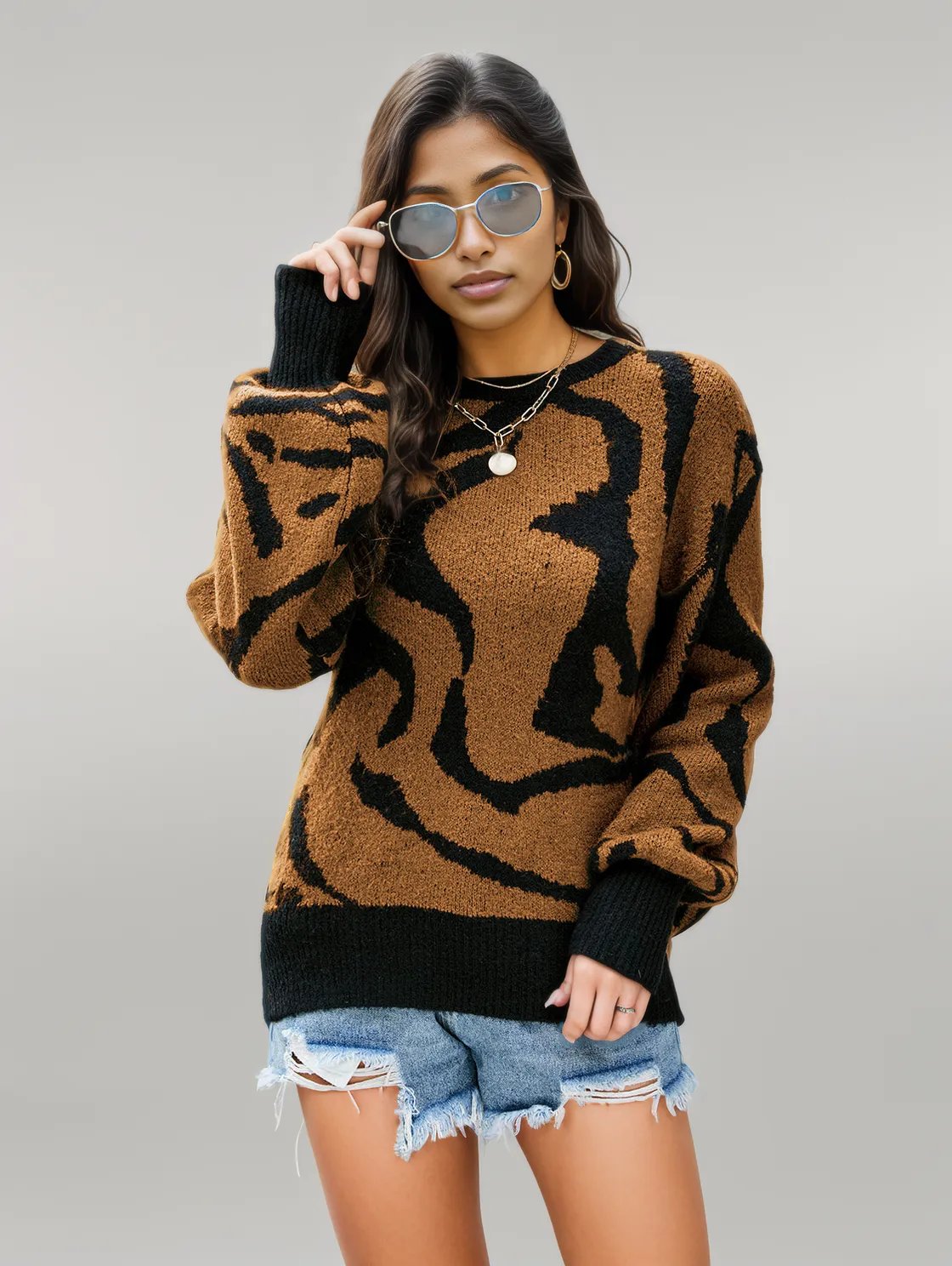 Printed Round Neck Long Sleeve Sweater Caramel