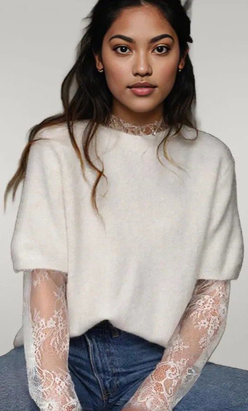 Lace Sleeve Patchwork Faux Two-piece Fuzzy Sweater