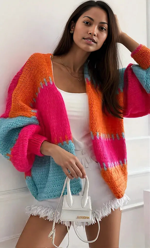 Color Block Drop Shoulder Cardigan Orange