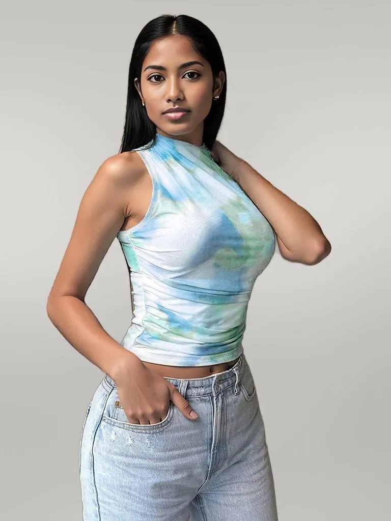 Printed Mock Neck Ruched Tank Blue Green