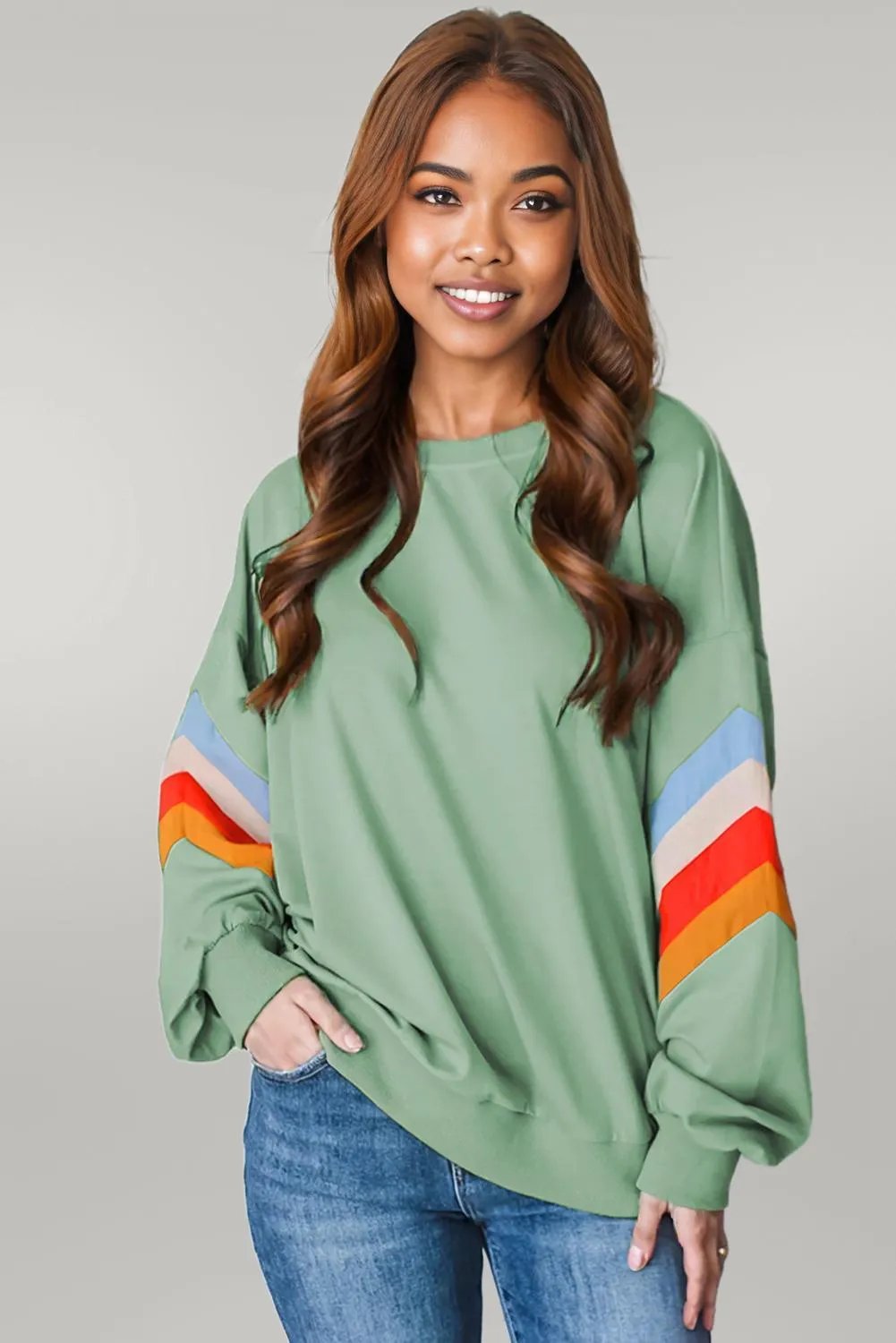 Flamingo Rainbow Striped Sleeve Crew Neck Loose Sweatshirt