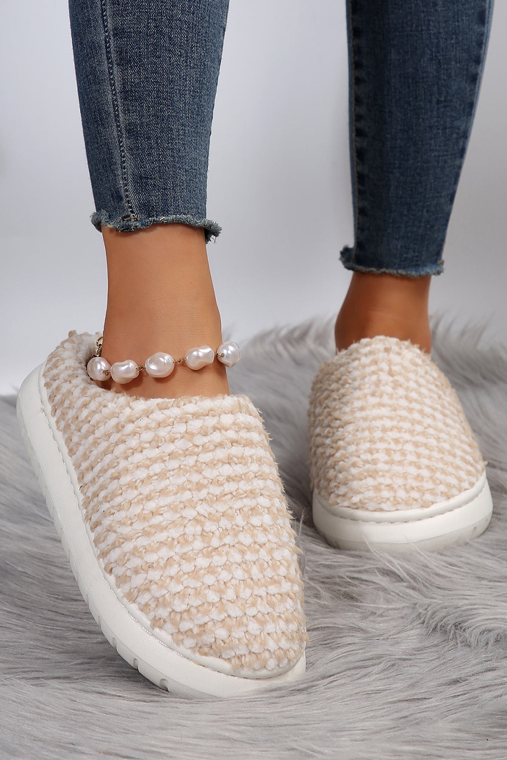 Pale Khaki Two-tone Knitted Warm Homewear Slippers-Shoes & Bags/Slippers-HTO Apparel-Dear-Lover