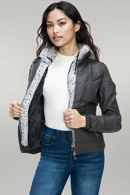 YMI Faux Layered Double-Zipper Jacket with Fuzzy Hood