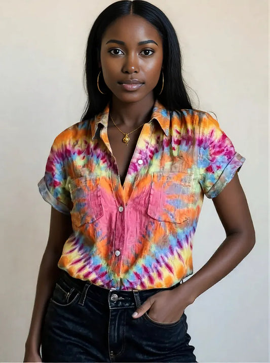 Tie-Dye Short Sleeve Button-Up Shirt Strawberry