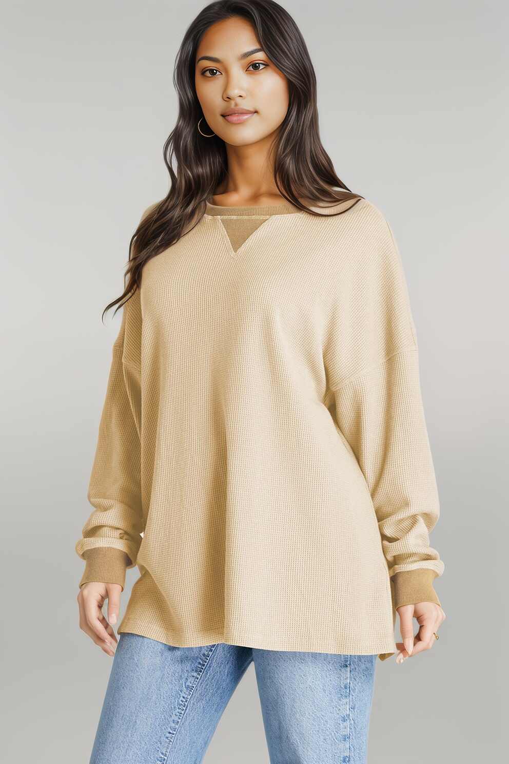 Waffle-Knit Long Sleeve Sweatshirt Dust Storm