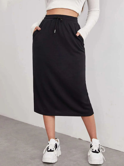 Slit Drawstring Midi Skirt Black