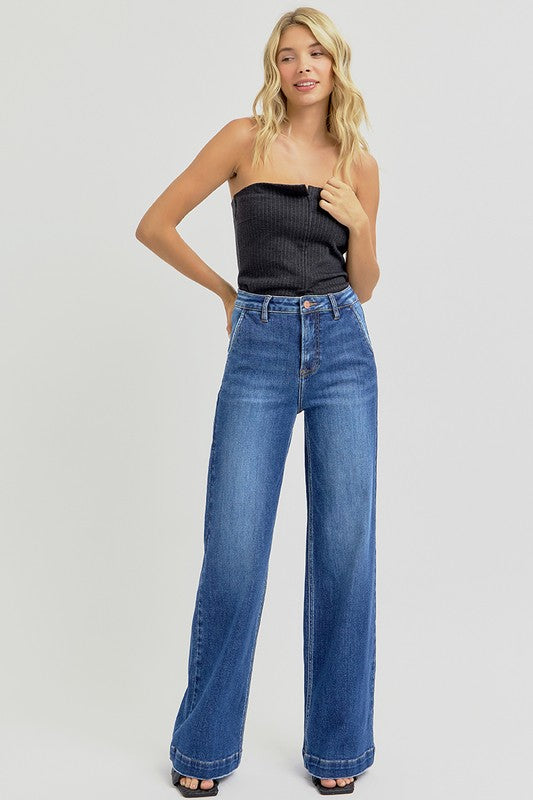 RISEN Full Size High Rise Wide Leg Jeans with Slanted Pockets Dark