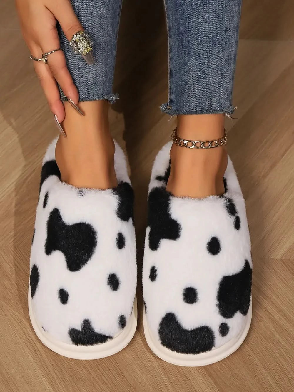 Animal Print Faux Fur Slippers Black