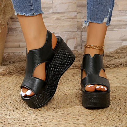 Peep Toe Cut Out Wedge Sandals Black