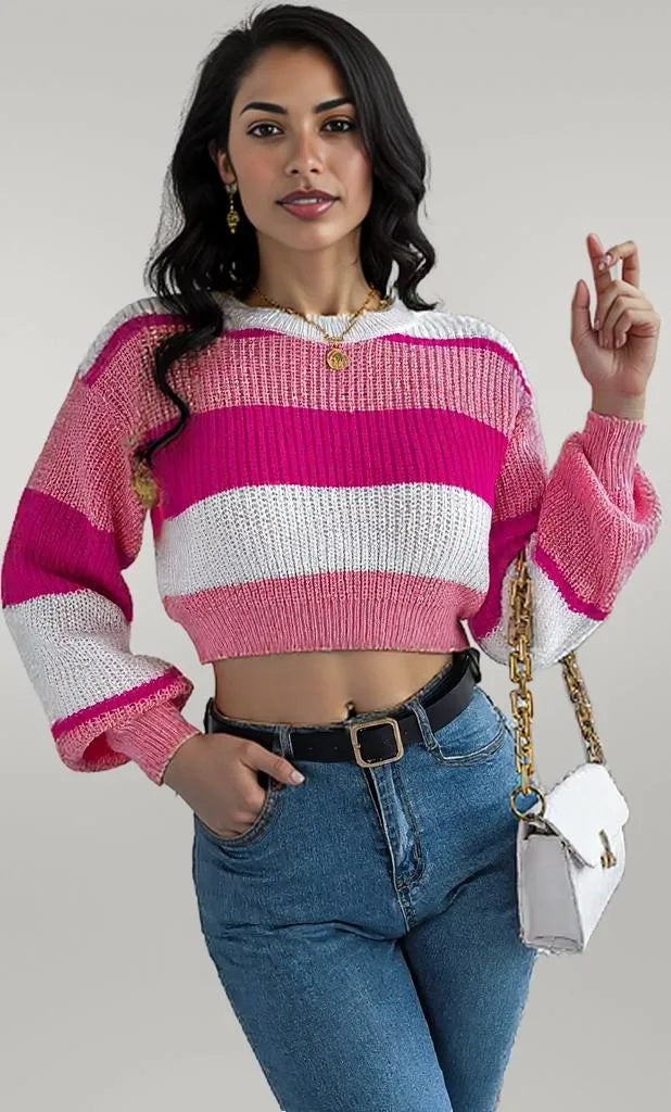 Color Block Round Neck Cropped Sweater Cerise