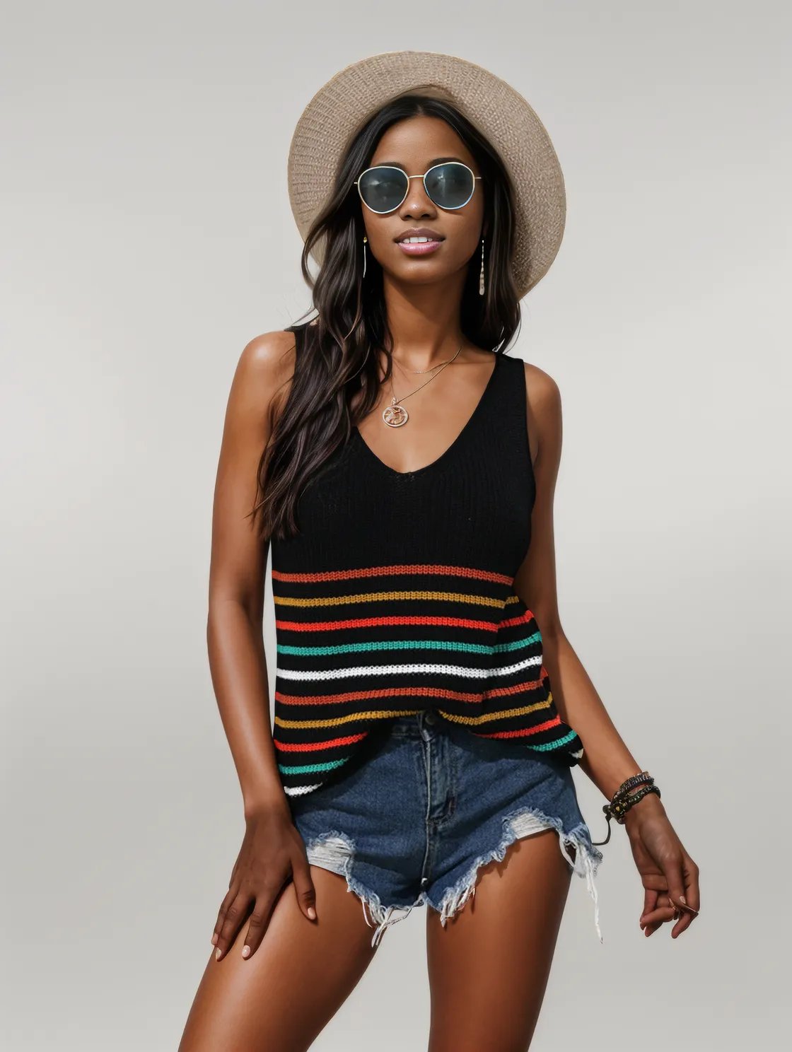 Striped V-Neck Knit Tank