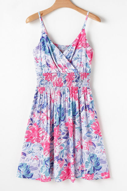 Floral Spaghetti Strap Surplice Neck Shirred Waist Mini Dress