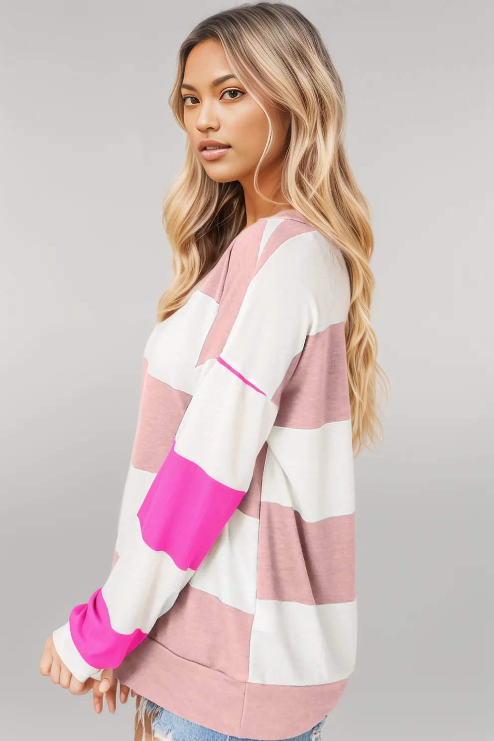 Light Blue Colorblock Striped Drop Shoulder Long Sleeve Top