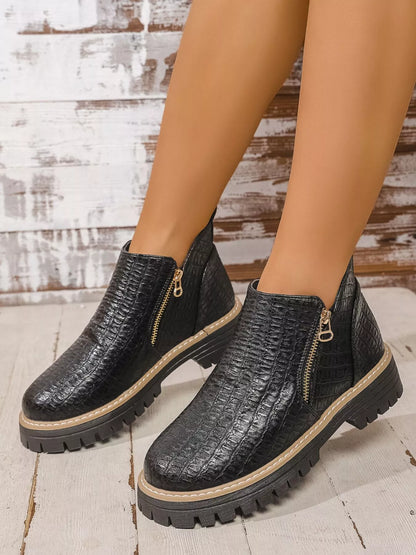 Round Toe Side Zip Ankle Boots Black