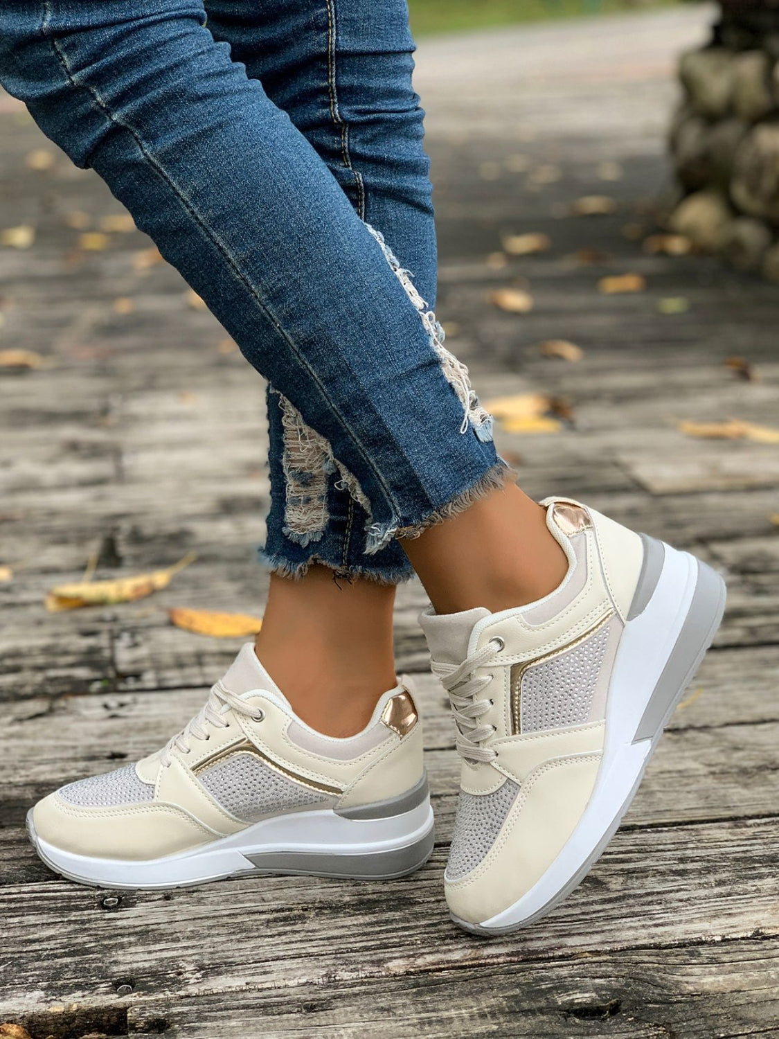 Lace-Up Rhinestone Wedge Sneakers Beige