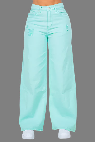 American Bazi High Waist Distressed Wide Leg Jeans Mint Blue