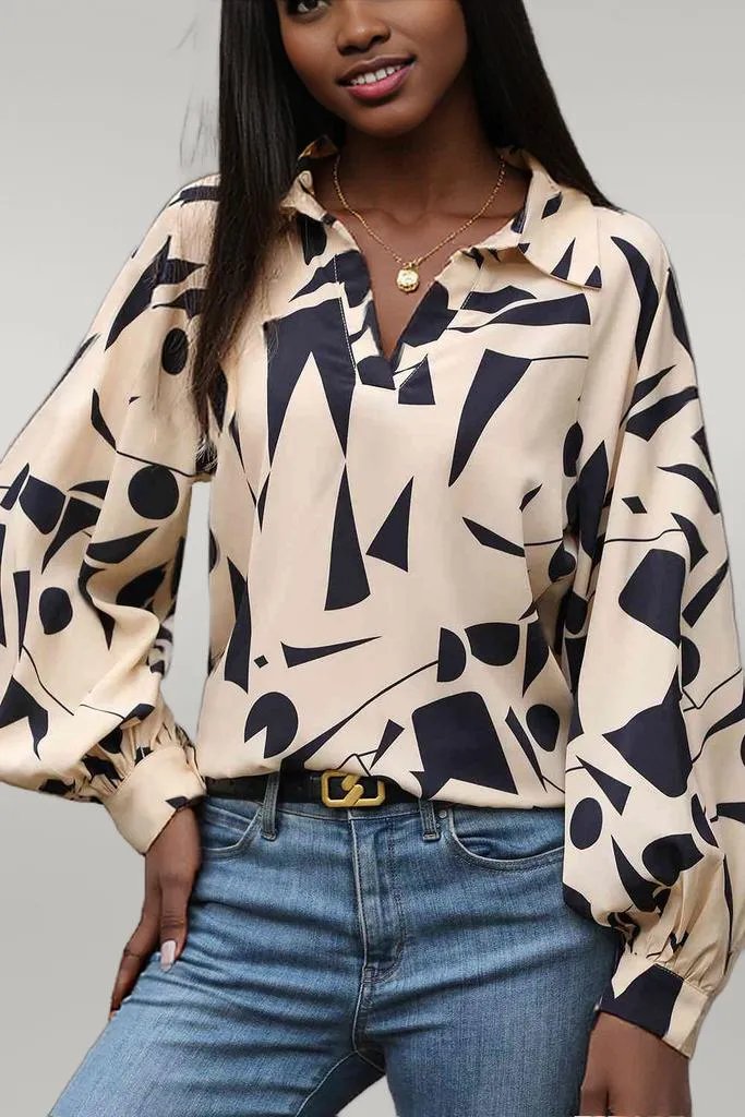 Perfee Printed Johnny Collar Blouse