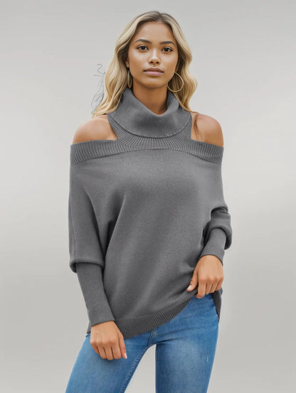 Off Shoulder Turtleneck Batwing Sleeve Sweater Dark Gray