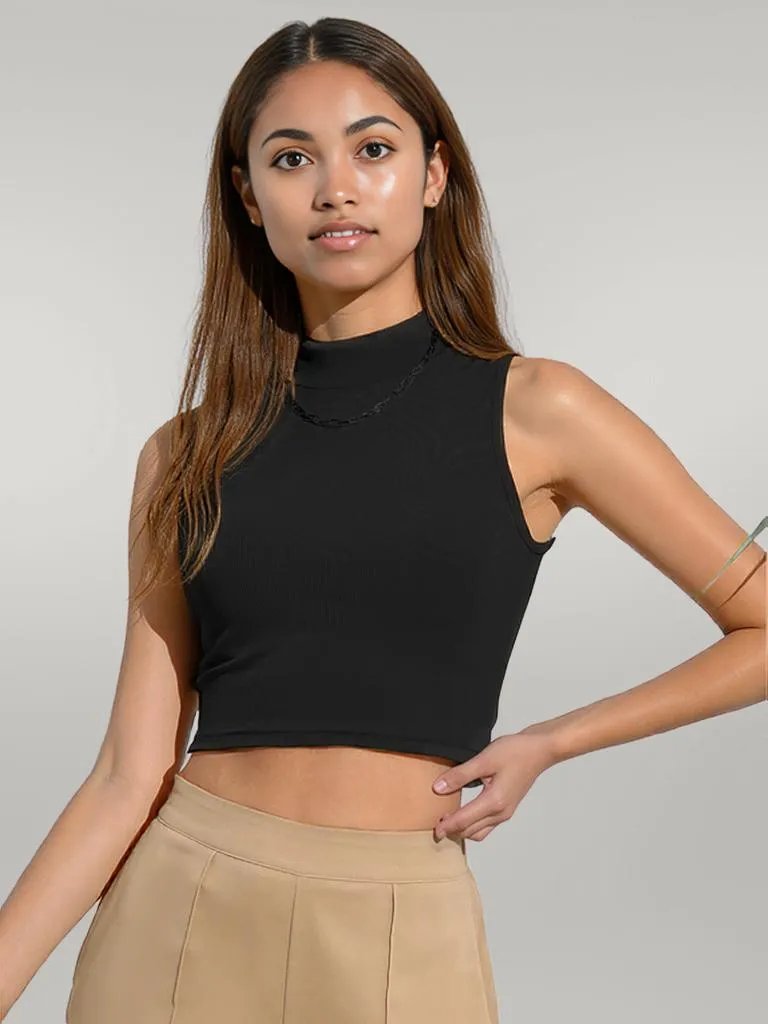 Mock Neck Cropped Tank Black