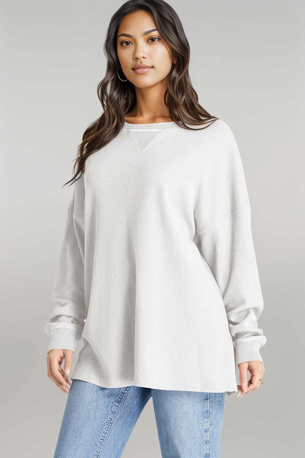 Waffle-Knit Long Sleeve Sweatshirt