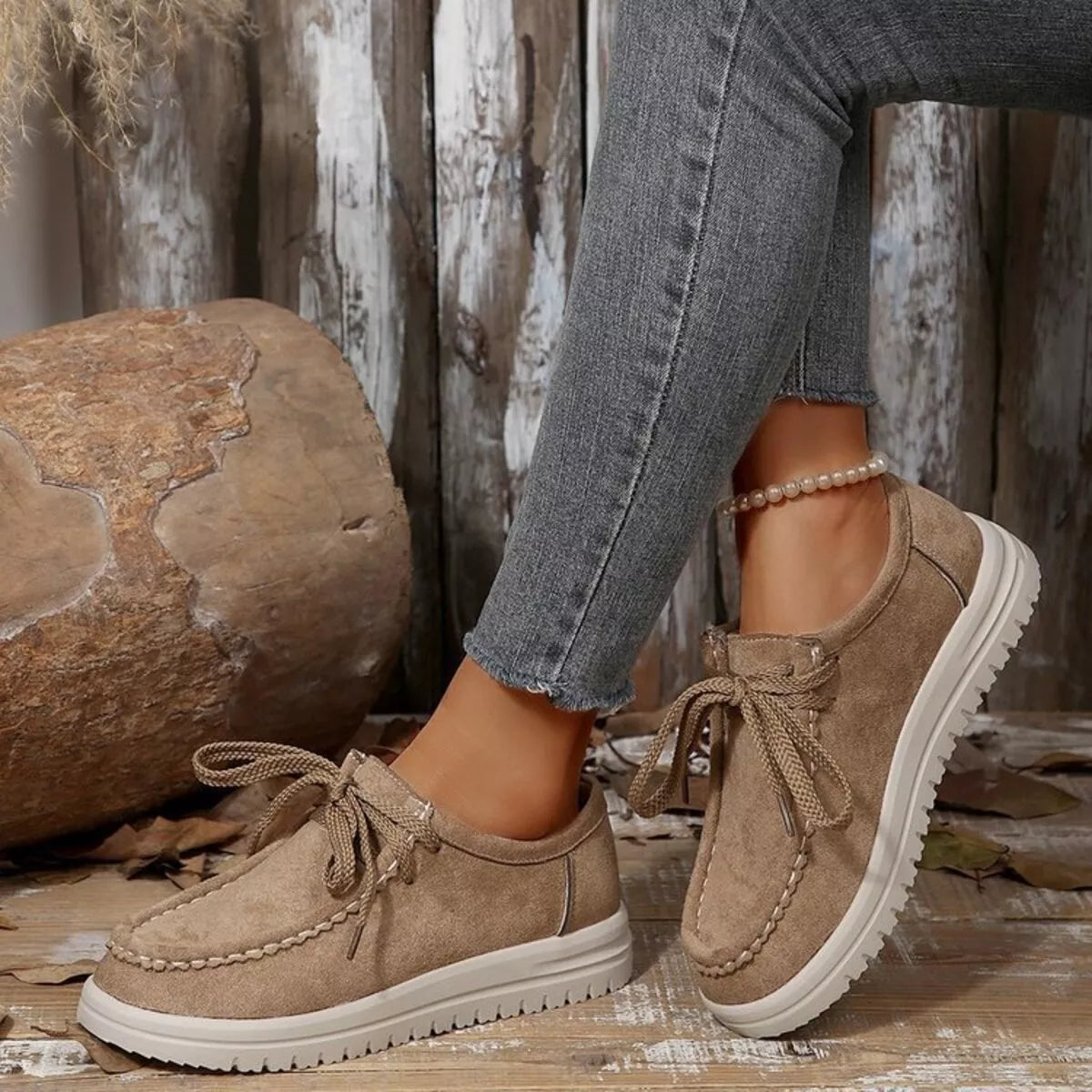 Lace Up Round Toe Loafers Apricot