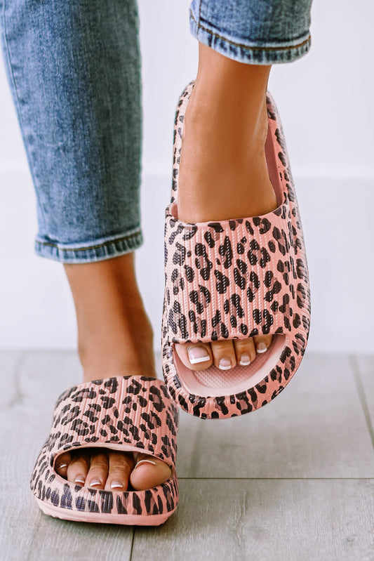 Pink Leopard Print Thick Sole Slip On Slippers Pink