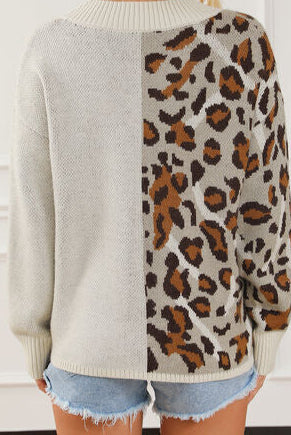 Leopard V Neck Drop Shoulder Sweater