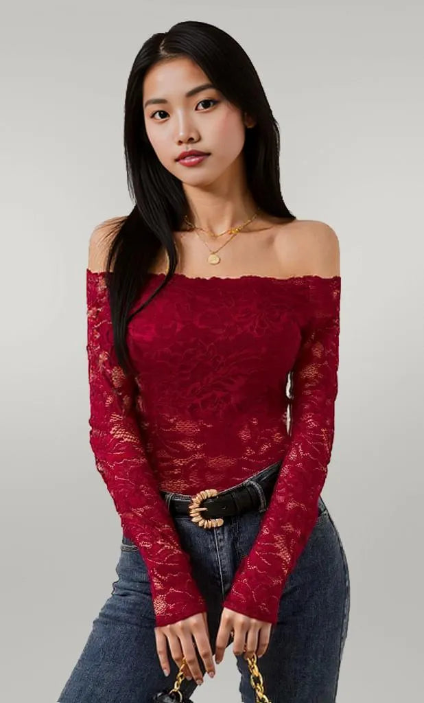 Off-Shoulder Long Sleeve Lace Top