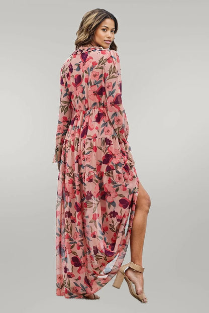 Floral Frill Trim Flounce Sleeve Plunge Maxi Dress