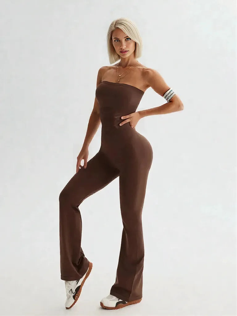Tube Top and High Waist Flare Pants Active Set Brown