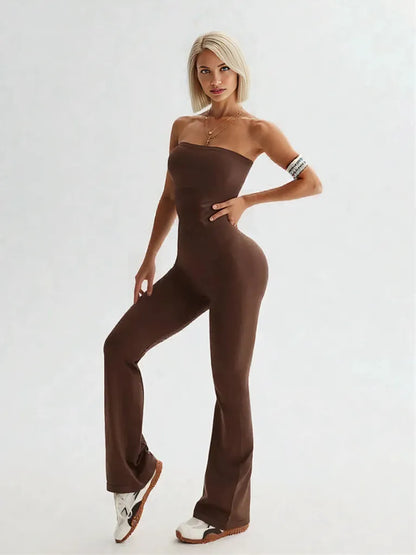 Tube Top and High Waist Flare Pants Active Set Brown