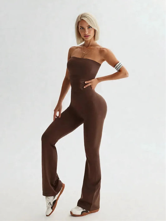 Tube Top and High Waist Flare Pants Active Set Brown
