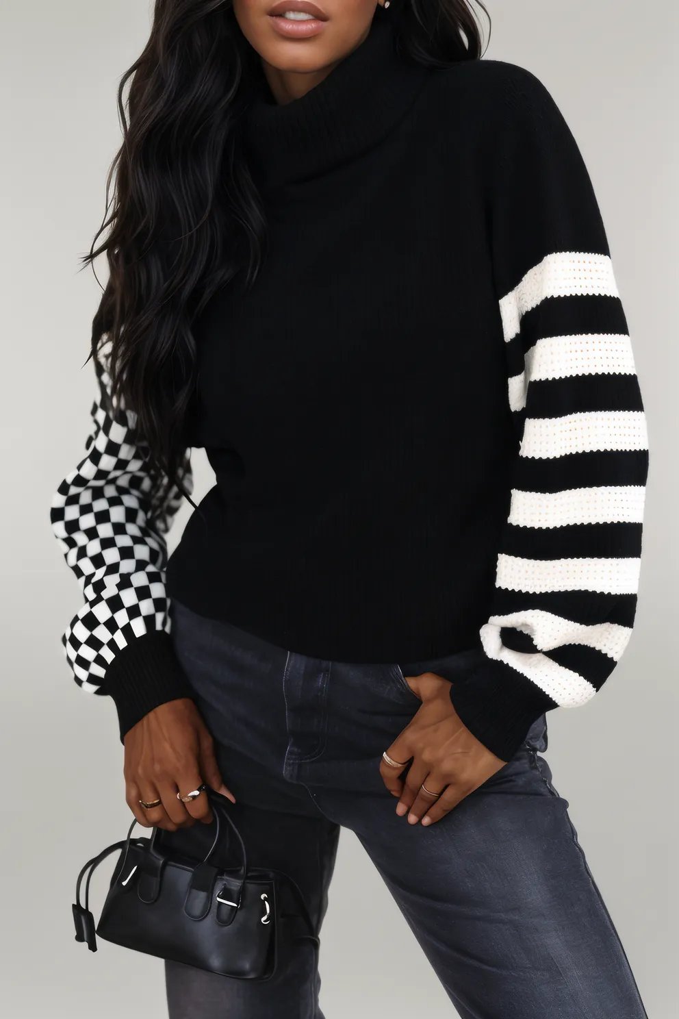 Black Striped Plaid Patchwork Waffle Knit Turtleneck Sweater Black 55%Acrylic+45%Cotton