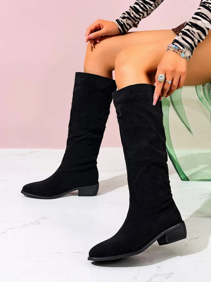 Point Toe Block Heels Boots Black