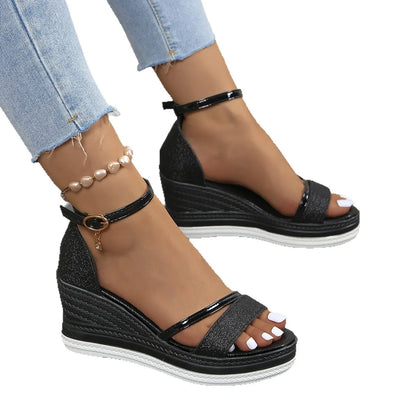 Glitter Platform Wedge Sandals with Ankle Strap