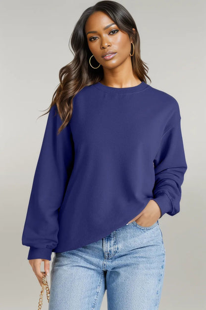 Navy Blue Plain Drop Shoulder Crewneck Pullover Sweatshirt