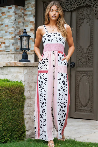 Leopard Color Block Smocked Jumpsuit