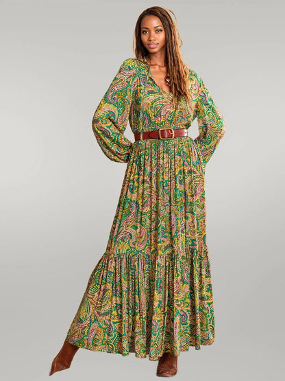 Printed Tie Neck Long Sleeve Dress