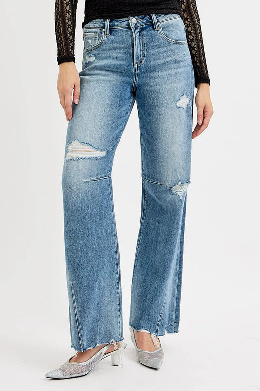 RISEN Full Size Mid Rise Fit Wide Baggy Leg Tie Washed Jeans MEDIUM