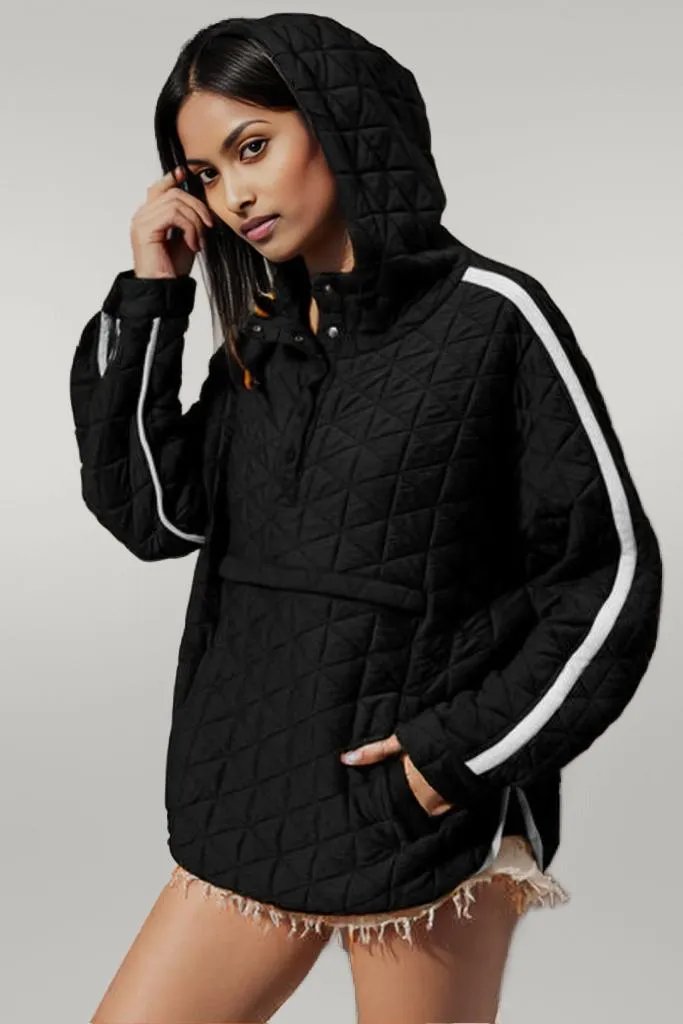Double Take Contrast Trim Long Sleeve Half Snap Texture Hoodie with Pocket Black