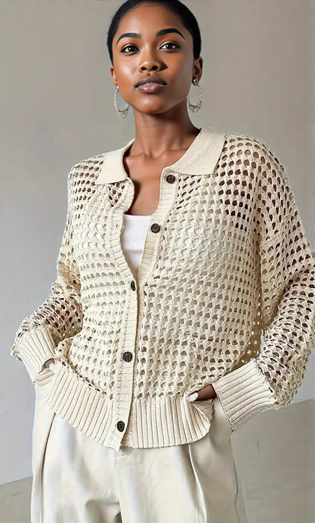 Hollow Out Knit Button Front Cardigan