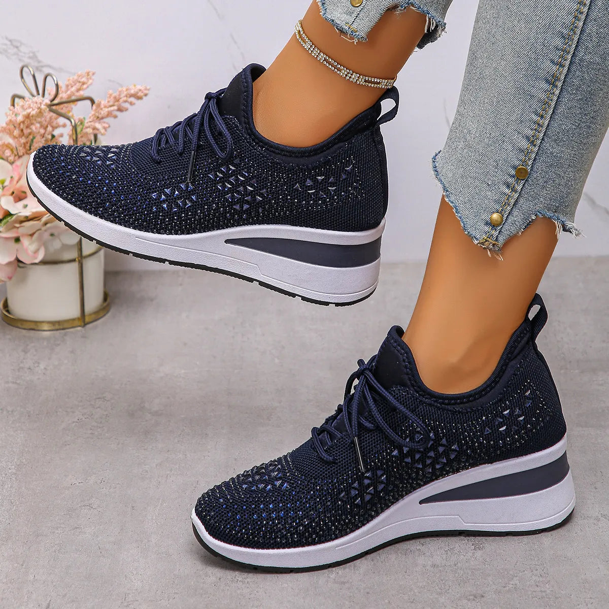 Breathable Mesh Rhinestone Wedge Athletic Sneakers Dark Blue
