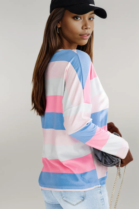 Pink Contrast Striped V Neck Long Sleeve Top