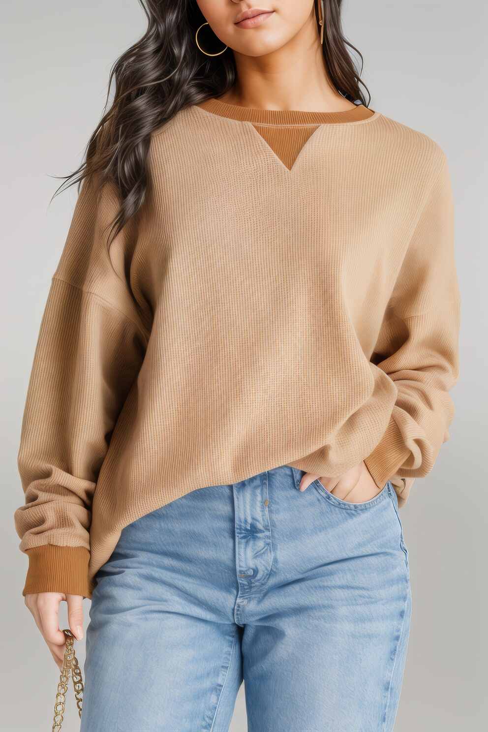 Waffle-Knit Long Sleeve Sweatshirt Tan