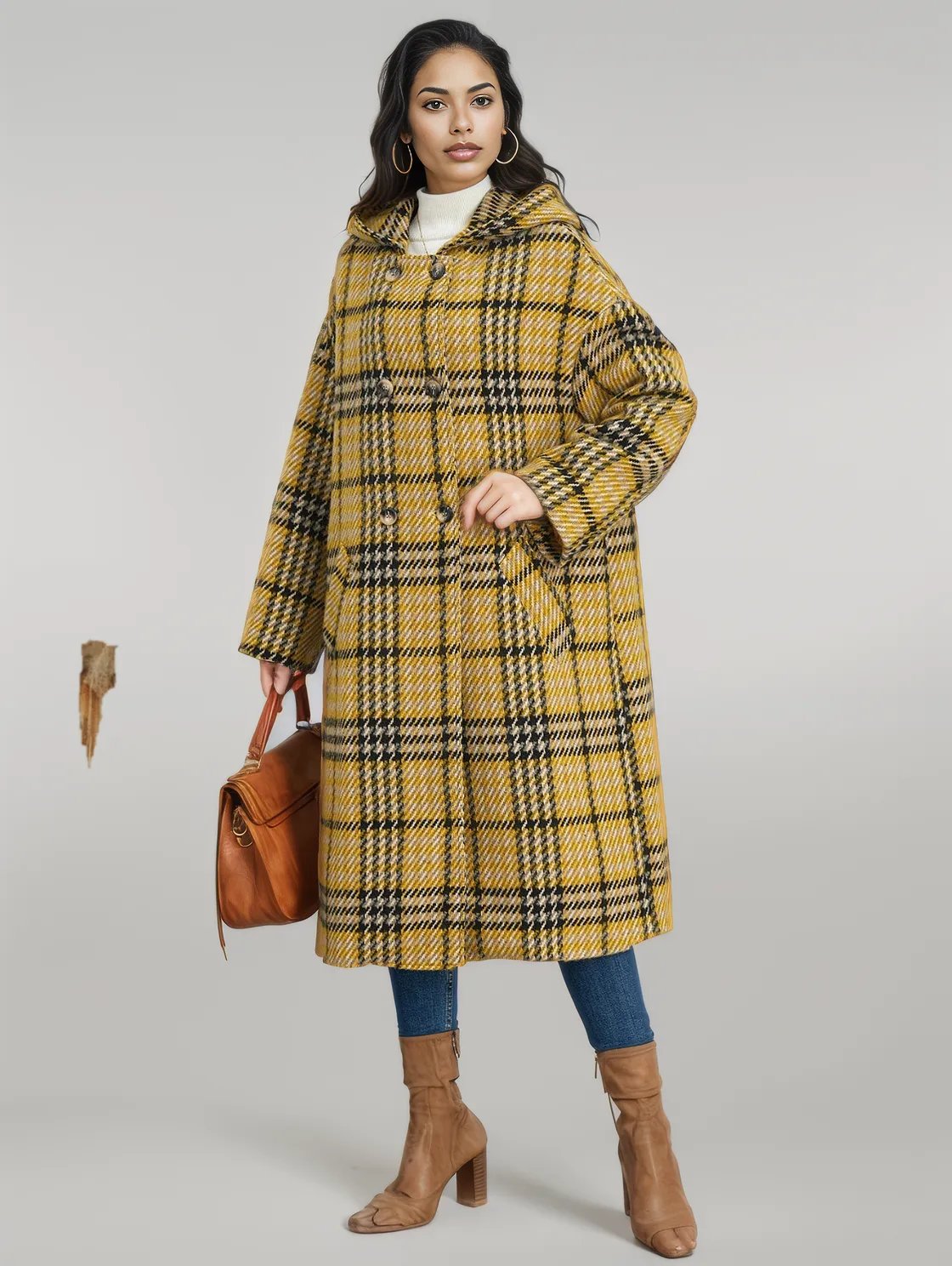 Plaid Double - Breasted Long Sleeve Longline Coat - coat - Trendsi