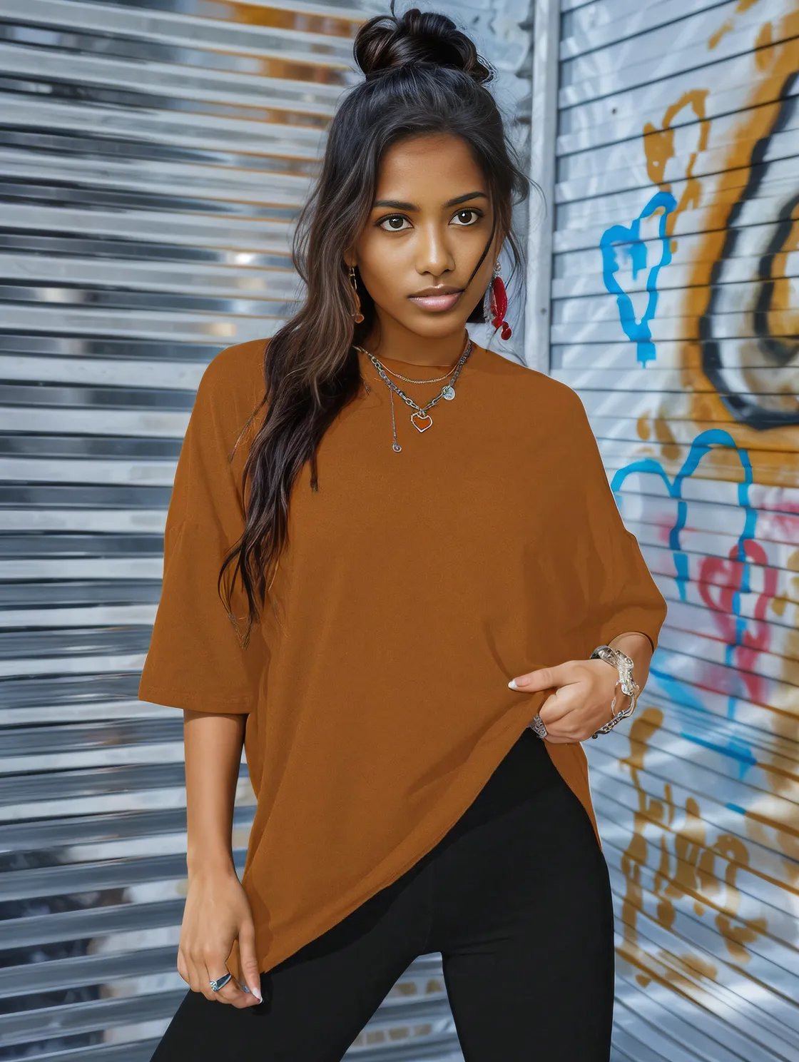 LOS ANGELES Round Neck Dropped Shoulder T - Shirt - Tops/Blouses & Shirts - Trendsi - Caramel - XL - 100100774681072