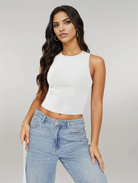 Round Neck Cropped Tank White