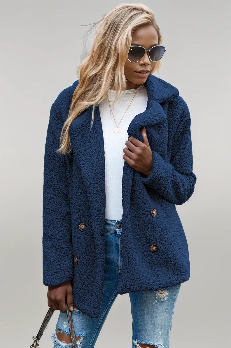 Ivy Lane Full Size Lapel Collar Sherpa Coat Dark Blue