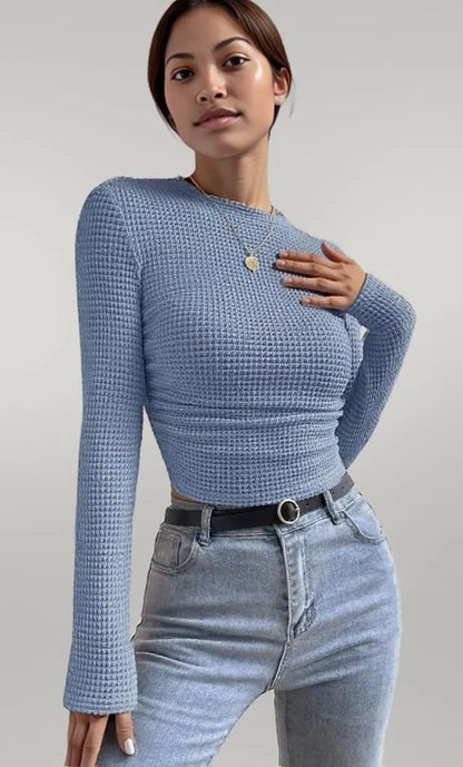 Waffle Knit Long Sleeve T-Shirt Light Blue